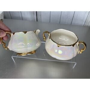 Ellgreave Lustre Creamer & Sugar Bowl Set - Gold Cream England Set Vintage